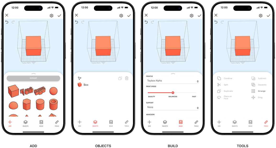 Toybox CAD on a phone: the Add, Objects, Build and Tools tabs