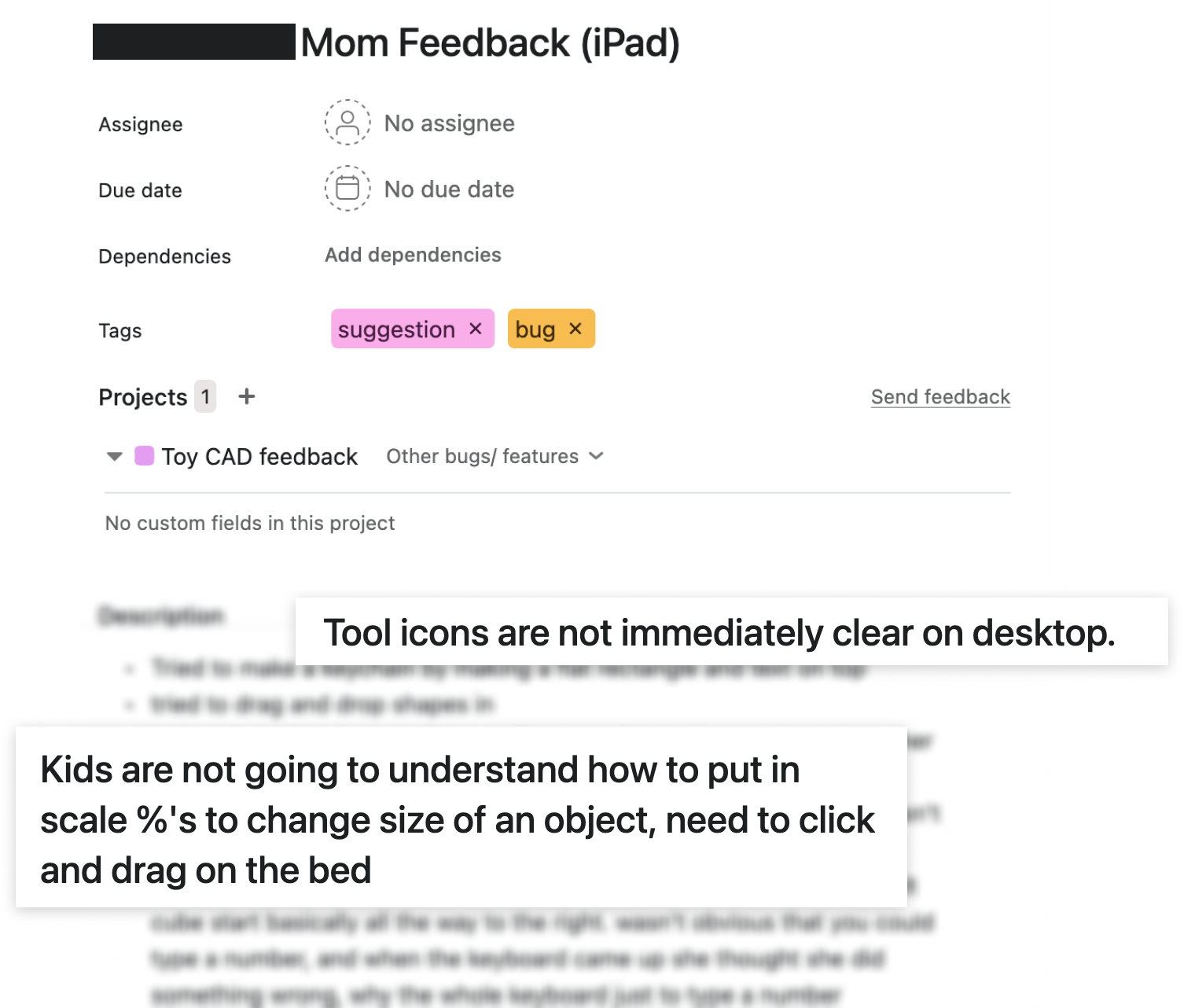 A feedback ticket from a parent who tested on iPad and desktop: the tool icons are not immediately clear on desktop, and kids won’t understand typing scale percentages