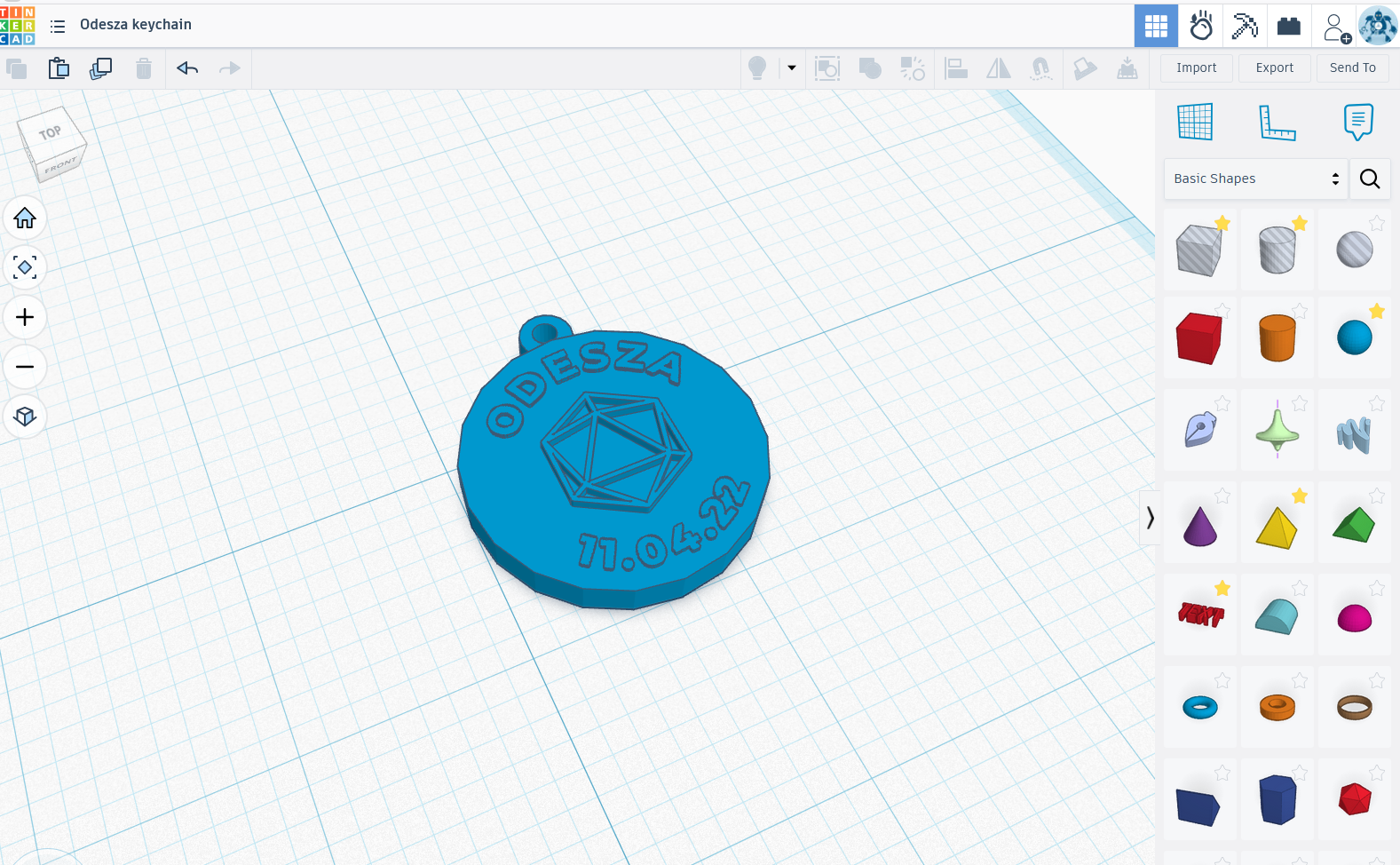 A third-party 3D modeling app with a blue keychain model on the workplane