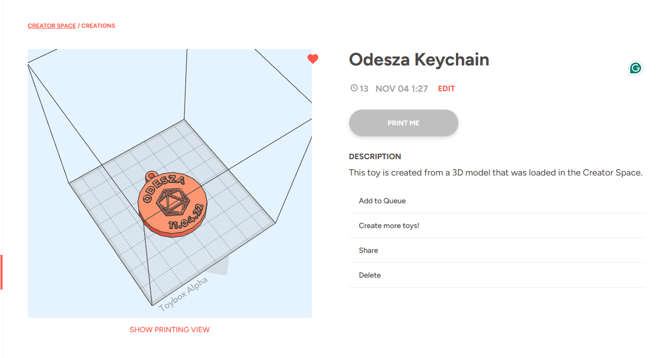 Toybox creation page for the imported keychain with a Print Me button