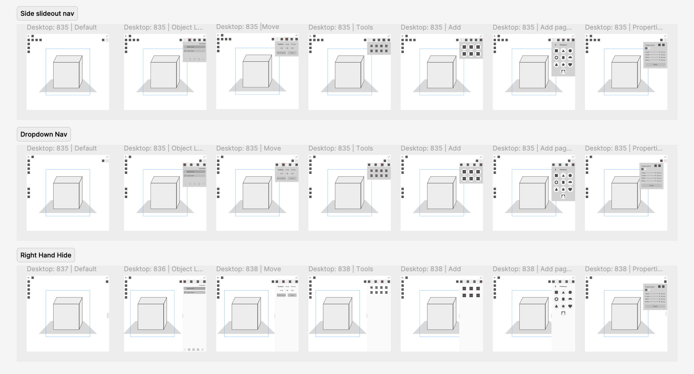 Desktop wireframes exploring a side slideout nav, a dropdown nav and a hideable right panel