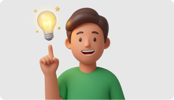 3D illustration of a person pointing up at a glowing lightbulb