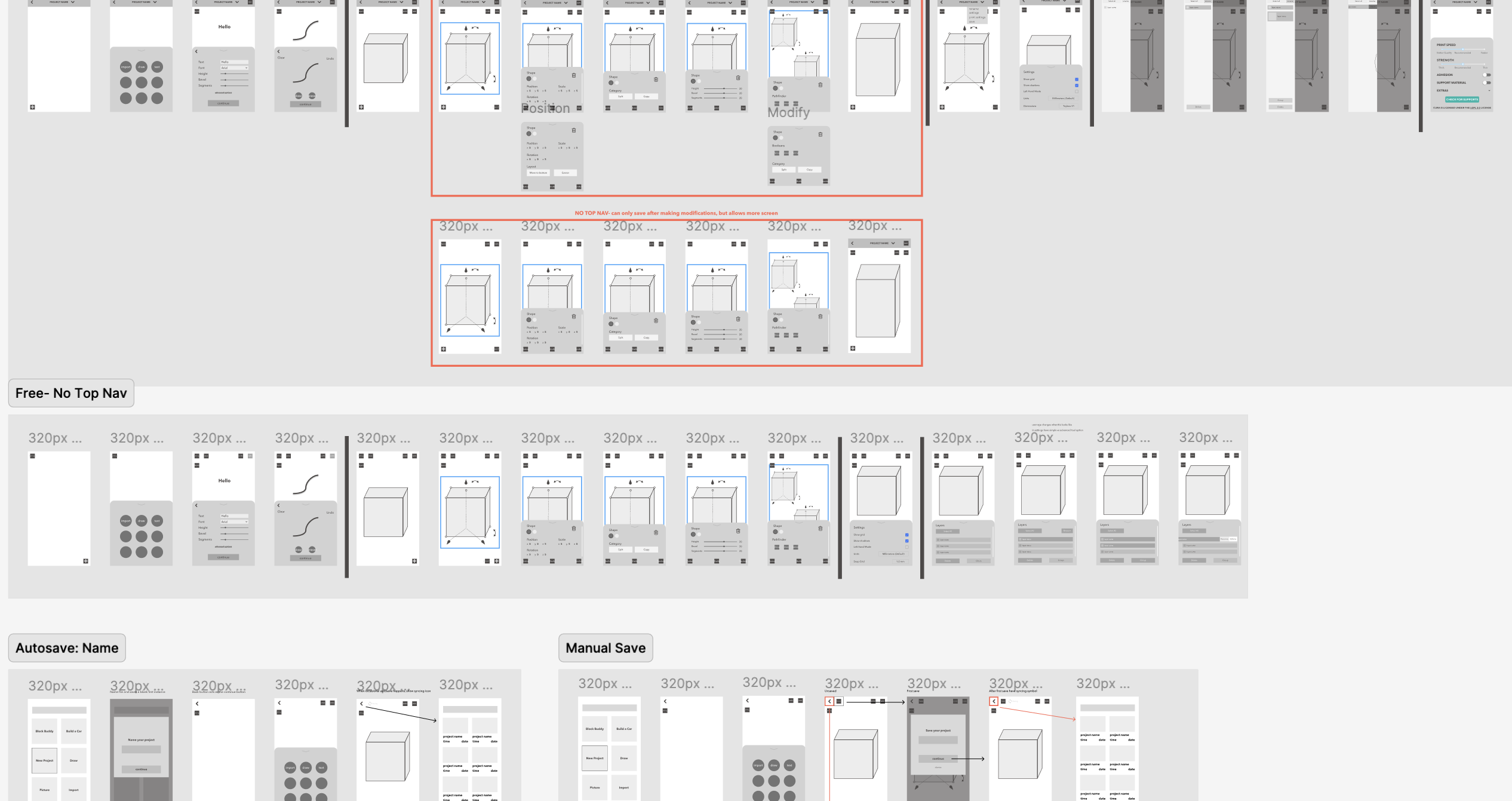 Mobile wireframes at 320px exploring a top nav, no top nav, autosave and manual save